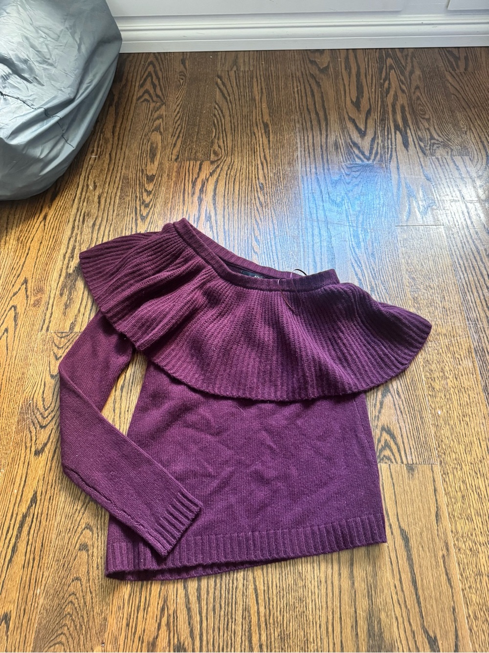 Aqua Off-the-Shoulder Ruffle Sweater in Plum